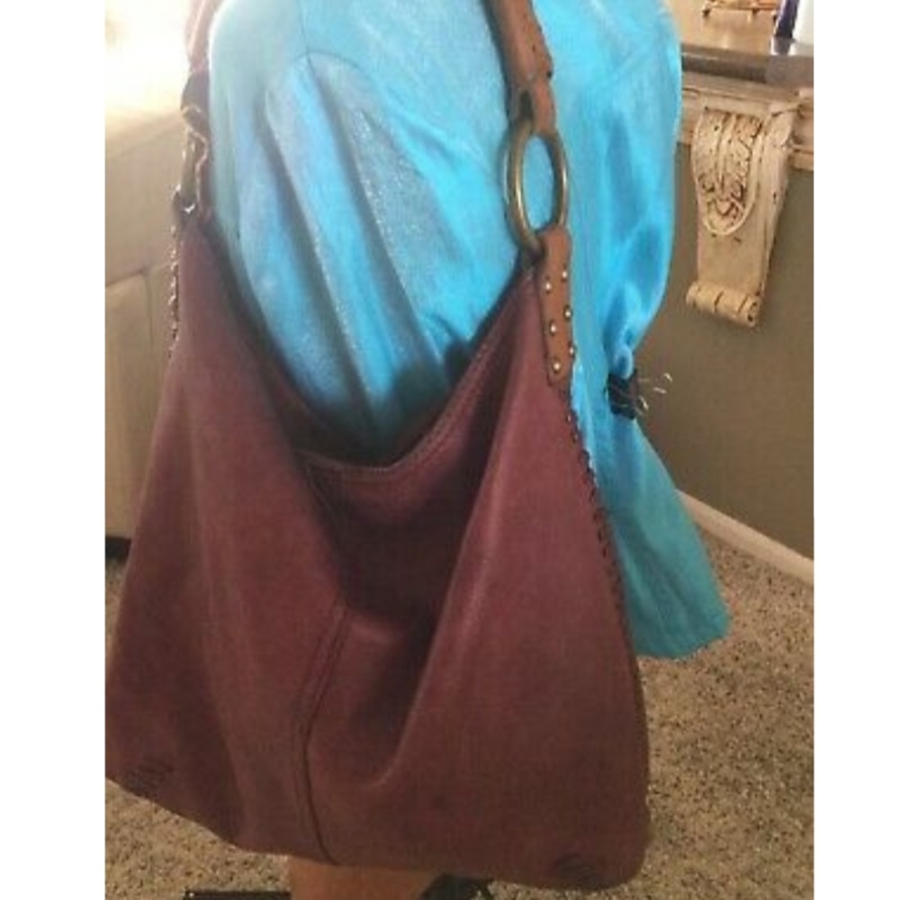 Large Lucky brand whipstitch leather bag. Wine